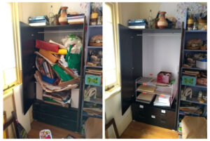 Before and after picture of a decluttered wardrobe